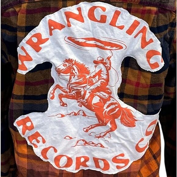 Cowboy Rodeo Plaid Flannel Shirt MEDIUM Wrangling Records Cowgirl Unique Western - Picture 2 of 6